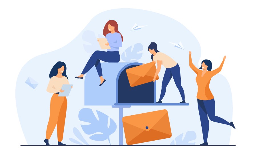 Drawing of 4 BIPOC people writing letters or dealing with oversized envelopes.