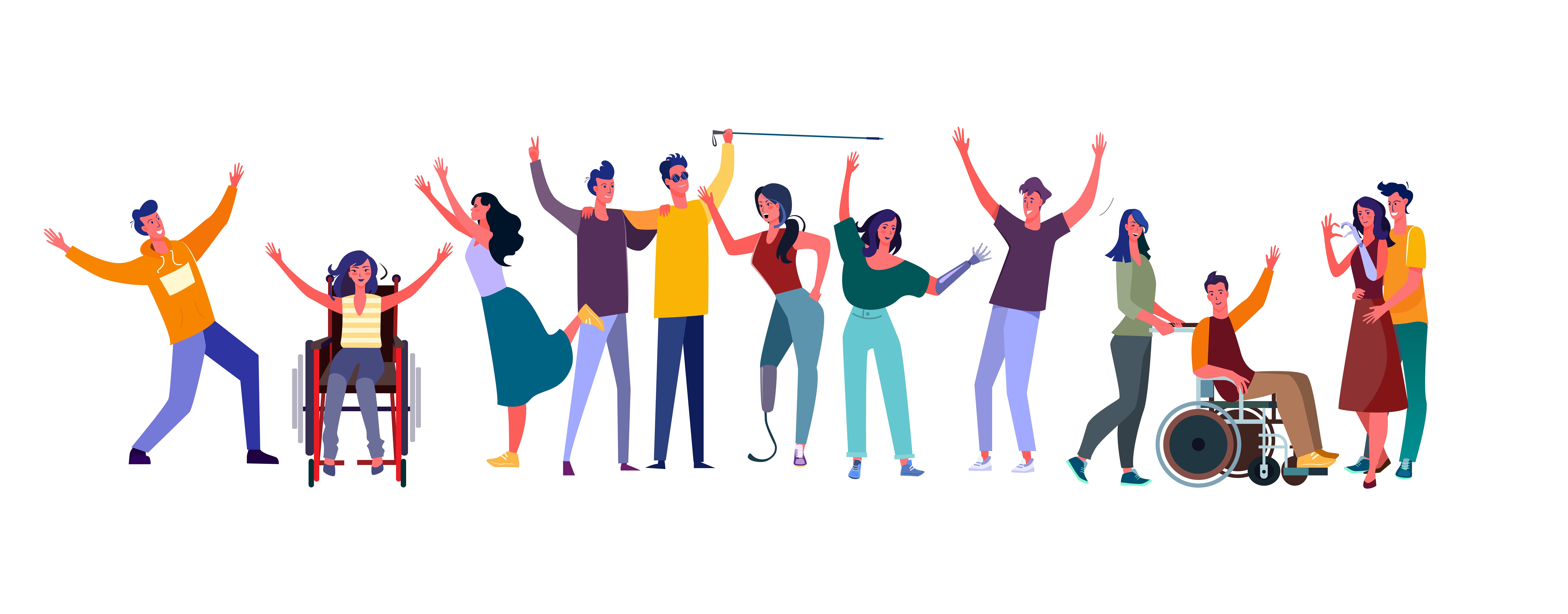 Drawing of 12 BIPOC people with invisible and visible disabilities celebrating.