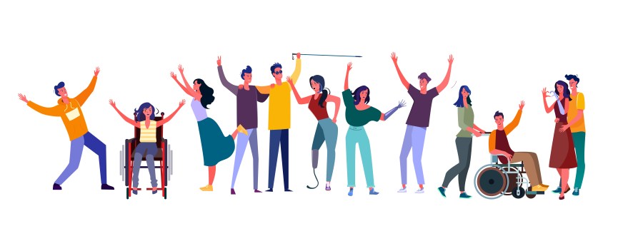 Drawing of 12 BIPOC people with invisible and visible disabilities celebrating.